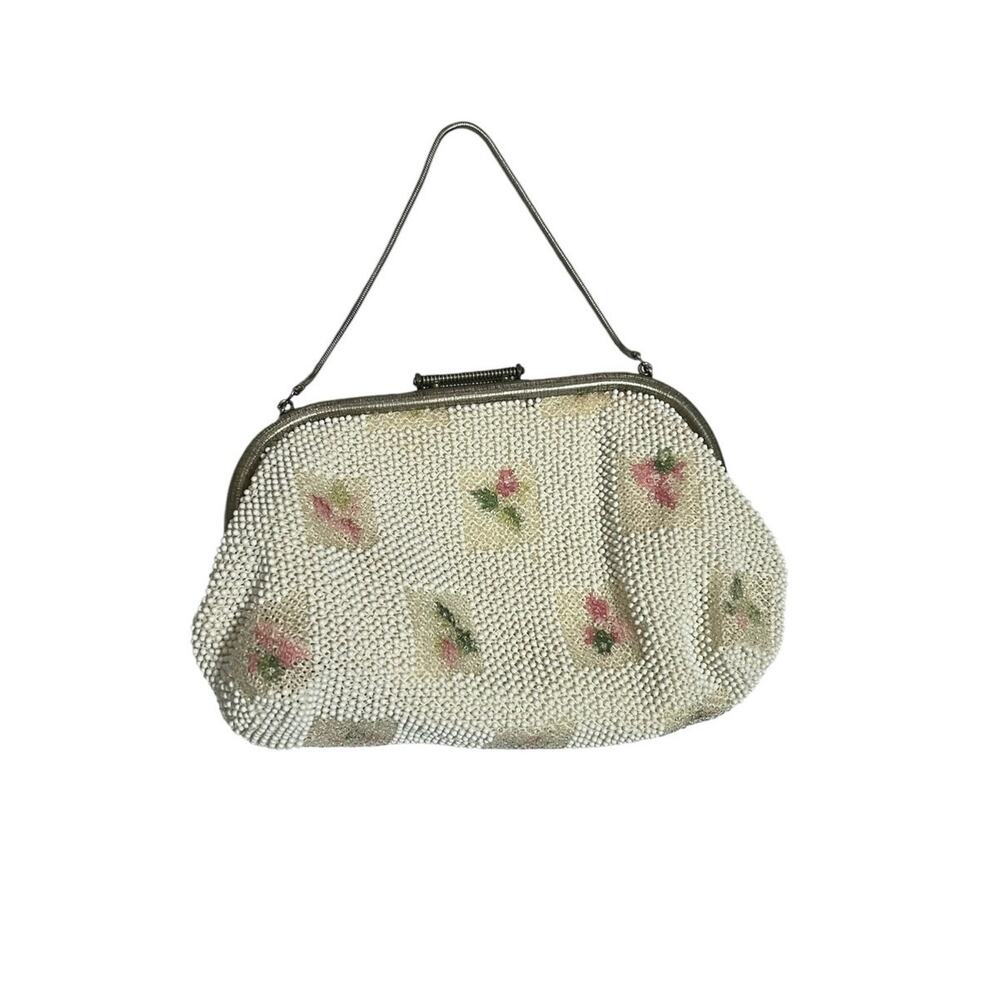 Vintage 1950s Beaded Rose Lumured Reversible Dainty Girlcore Romantic Clutch Bag